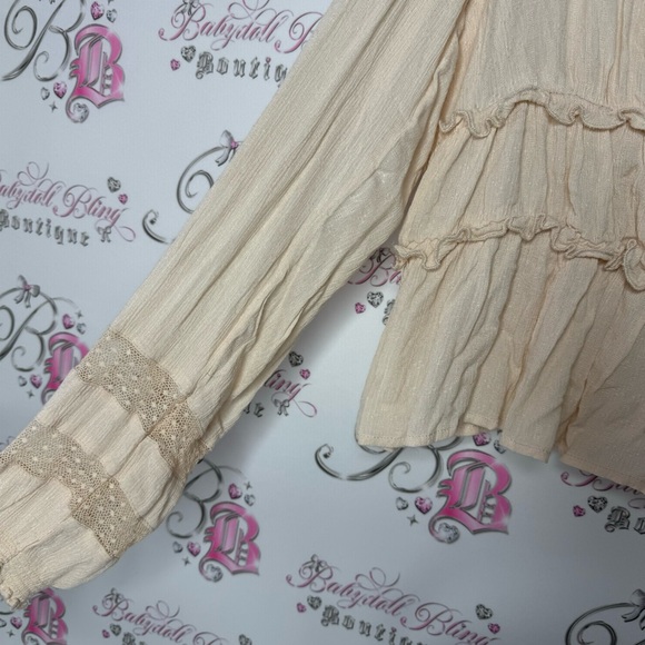 Buffalo long sleeve blouse top crochet style button down blouse puff ruffle boho - Picture 7 of 7